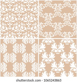 Floral patterns. Set of beige and white seamless backgrounds. Vector illustration