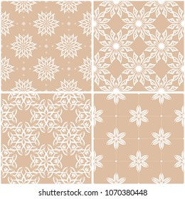 Floral patterns. Set of beige and white seamless backgrounds. Vector illustration