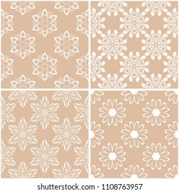 Floral patterns. Set of beige and white seamless backgrounds. Vector illustration