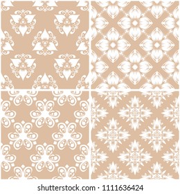 Floral patterns. Set of beige and white seamless backgrounds. Vector illustration