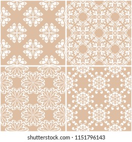 Floral patterns. Set of beige and white seamless backgrounds. Vector illustration