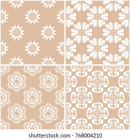 Floral patterns. Set of beige and white seamless backgrounds. Vector illustration