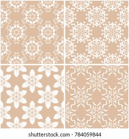 Floral patterns. Set of beige and white seamless backgrounds. Vector illustration