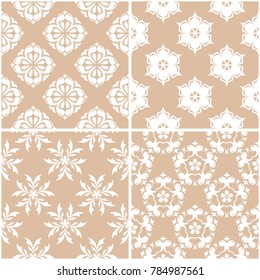 Floral patterns. Set of beige and white seamless backgrounds. Vector illustration