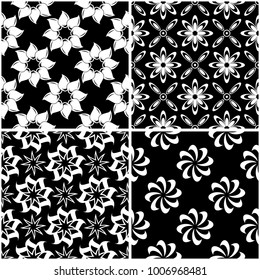 Floral patterns. Set of black and white monochrome seamless backgrounds. Vector illustration