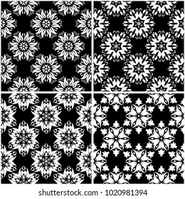 Floral patterns. Set of black and white monochrome seamless backgrounds. Vector illustration