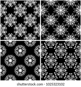 Floral patterns. Set of black and white monochrome seamless backgrounds. Vector illustration