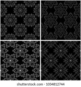 Floral patterns. Set of black and white monochrome seamless backgrounds. Vector illustration