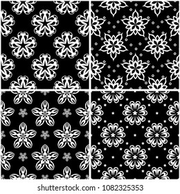 Floral patterns. Set of black and white monochrome seamless backgrounds. Vector illustration