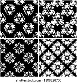 Floral patterns. Set of black and white monochrome seamless backgrounds. Vector illustration