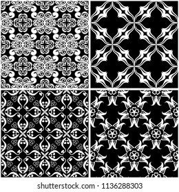 Floral patterns. Set of black and white monochrome seamless backgrounds. Vector illustration