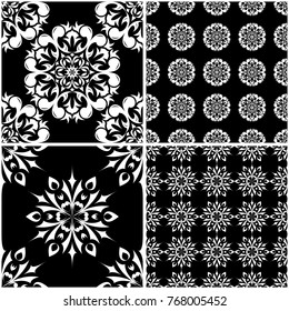 Floral patterns. Set of black and white monochrome seamless backgrounds. Vector illustration