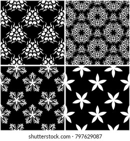 Floral patterns. Set of black and white monochrome seamless backgrounds. Vector illustration