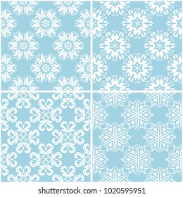 Floral patterns. Set of blue and white seamless backgrounds. Vector illustration