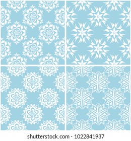 Floral patterns. Set of blue and white seamless backgrounds. Vector illustration