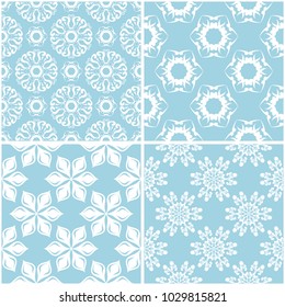 Floral patterns. Set of blue and white seamless backgrounds. Vector illustration