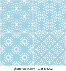 Floral patterns. Set of blue and white seamless backgrounds. Vector illustration