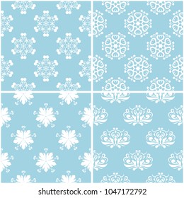 Floral patterns. Set of blue and white seamless backgrounds. Vector illustration