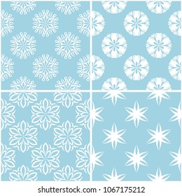 Floral patterns. Set of blue and white seamless backgrounds. Vector illustration