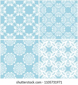 Floral patterns. Set of blue and white seamless backgrounds. Vector illustration