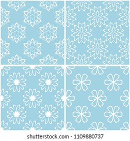 Floral patterns. Set of blue and white seamless backgrounds. Vector illustration