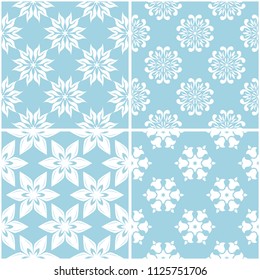 Floral patterns. Set of blue and white seamless backgrounds. Vector illustration