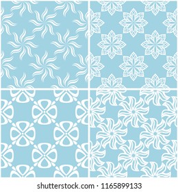 Floral patterns. Set of blue and white seamless backgrounds. Vector illustration