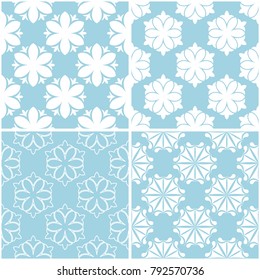 Floral patterns. Set of blue and white seamless backgrounds. Vector illustration
