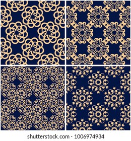 Floral patterns. Set of golden blue seamless backgrounds. Vector illustraton