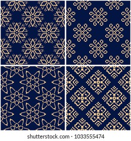 Floral patterns. Set of golden blue seamless backgrounds. Vector illustraton