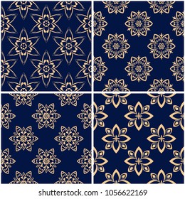 Floral patterns. Set of golden blue seamless backgrounds. Vector illustraton
