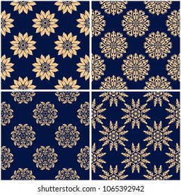 Floral patterns. Set of golden blue seamless backgrounds. Vector illustraton