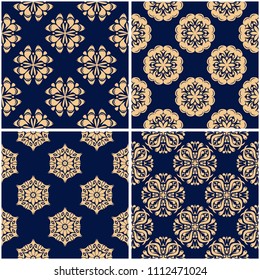 Floral patterns. Set of golden blue seamless backgrounds. Vector illustraton