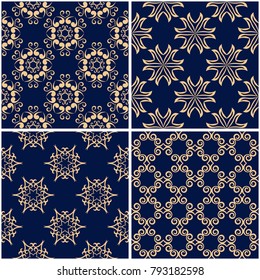 Floral patterns. Set of golden blue seamless backgrounds. Vector illustraton