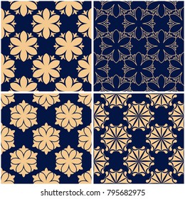 Floral patterns. Set of golden blue seamless backgrounds. Vector illustraton