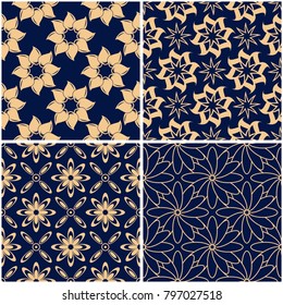 Floral patterns. Set of golden blue seamless backgrounds. Vector illustraton