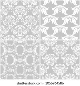Floral patterns. Set of gray and white monochrome seamless backgrounds. Vector illustration