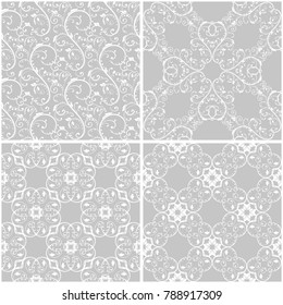 Floral patterns. Set of gray and white seamless backgrounds