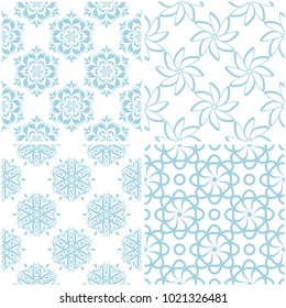 Floral patterns. Set of light blue elements on white. Seamless backgrounds. Vector illustration