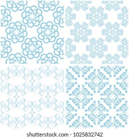 Floral patterns. Set of light blue elements on white. Seamless backgrounds. Vector illustration