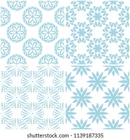 Floral patterns. Set of light blue elements on white. Seamless backgrounds. Vector illustration