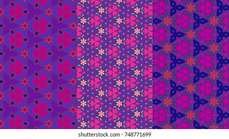 Floral patterns. a set of three colorful vector seamless patterns of floral designs in pink over violet. doodled design suitable for fabric, textile, decoration, backdrop and background
