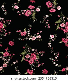 floral patterns in shades of pink, white and green on a black background