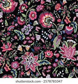 floral patterns in various colors and shapes on a black background