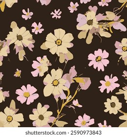 floral patterns in various pastel shades on a dark brown background