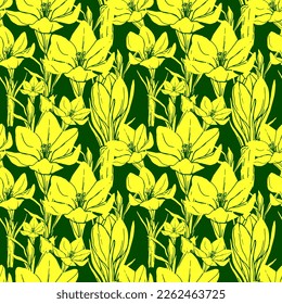 floral patterns. White background. ink. Spring. Seamless vector pattern. Crocus. Lily of the valley. Primroses. Sketch. Fabric print. Spring flowers. April. May.