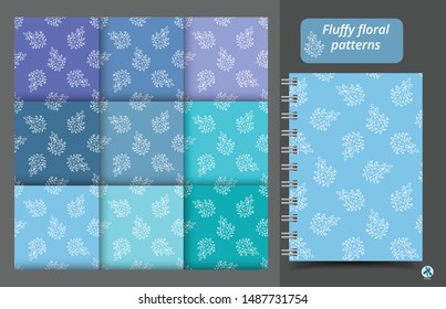 Floral patterns of white branches and leaves on blue backgrounds. Vector illustration for cover, backdrop, wrapping paper, scrapbooking, textile use. 