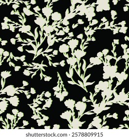 floral patterns in white and light green tones on a black background