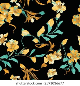 floral patterns in yellow and orange tones on a black background