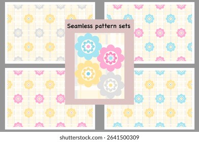Floral PatternSeamless  floral pattern set. Cute  flower design. Plaid and bloom background. Spring blossom vector art. Soft color flower motifs.Pastel flowers on grid.Cute  flower Pattern.